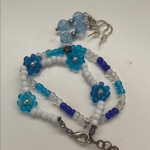 Blue and White Beaded Flower Jewelry Set